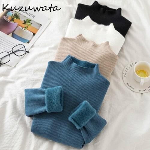Kuzuwata Solid Elastic Bottoming Women Sweaters Half High Collar Thick Tee Autumn Winter New Warm Fashion Knit Pullovers 1H981