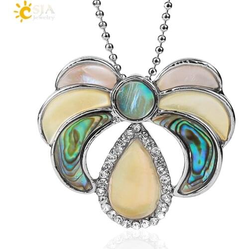CSJA Natural Multicolor Abalone Shell Pendant Necklaces Water Drop Half Moon New Zealand Shells MOP CZ Pendants for Female E478