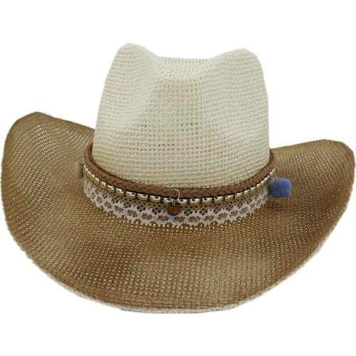QBHAT Summer Brown Spray-painted Large Brim Paper Straw Cowboy Hats Women Ladies Beach Jazz Cap Sunhat Carnival Stage Show Hat