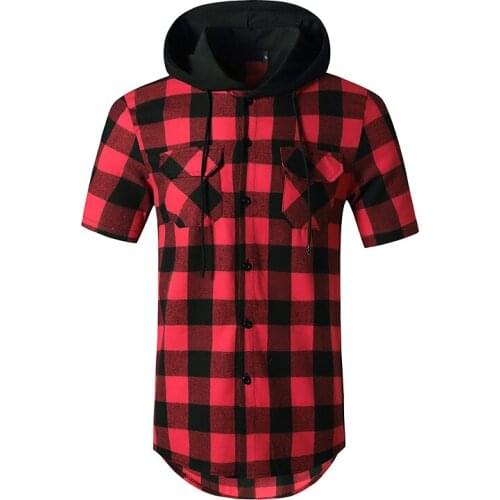 New Fashion Streetwear Mens Plaid Hooded Shirt Short Sleeves Button Up Shirts for Men Hoodie Tee Casual Tops Men Clothing