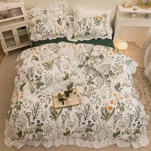Girls Floral Leaves Bedding Duvet Cover Set Queen Full 100% Cotton Quilt Cover Bed Sheet Pillowcases Ultra Soft Bedding Sets