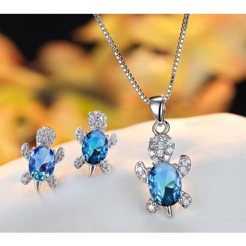 Crystal Female Blue Oval Turtle Earrings Necklace Charm Rainbow Stone Bridal Jewelry Sets For Women Wedding New Year Gift