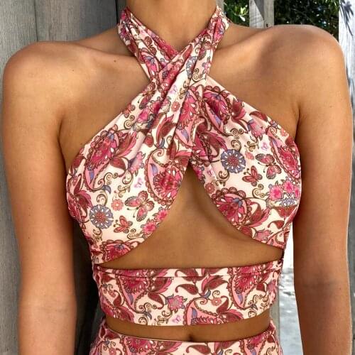 Paisley Printed Halter Bandage Tops For Women Sexy Backless Slim Top Club Party Chic High Street Wrap Summer Corset Top
