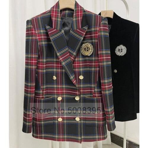 Amazing!!! Woman Red Checked Blazer Gold Buttons Double Breasted Long Sleeves Gem Rhinestone Appliques Fashion Suit