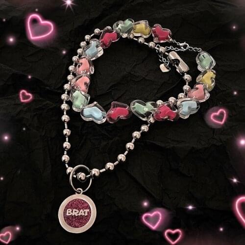 Y2K Jewelry Resin Rainbow Heart Letter Necklace For Women Metal Double Layer Vintage Harajuku Necklace Charms 90s Aesthetic New