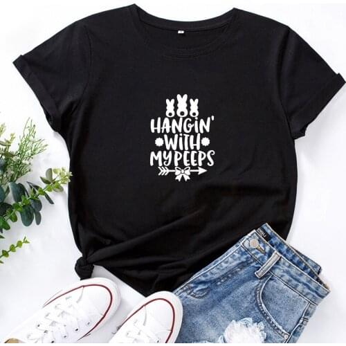 Hangin' with My Peeps T-shirt Women Funny Short Sleeve Graphic Holiday Gift Tee Shirt Top Cute Bunny Easter Day Tshirt Women Top