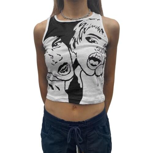 Womens Summer Sexy Retro Camisole Midriff-baring Y2K Human Head Printing Round Collar Sleeveless Tops 90s Slim Base Shirt