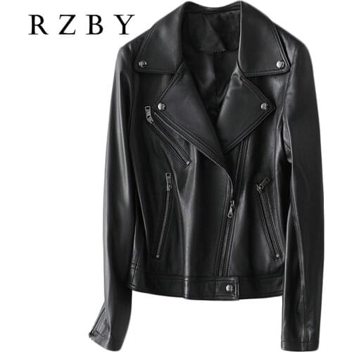 Genuine Sheepskin Soft Leather Coat Black Jacket Women Autumn Clothes Casual Genuine Leather Jacket Fashion RZBY029