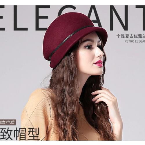 Lady Fedoras Wool Hat Female Woolen Dome Cap Winter Church Cloche Hats Students Leisure Warm Woolen Fedoras Cap Adjust B8946