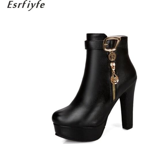 ESRFIYFE 2020 New Black Pu Leather Women Shoes High Heel Autumn Winter Round Toe Ankle Boots for Women Platform Shoes Large Size