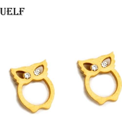 Uelf Fashion Cute Crystal Owl Girls Stud Earrings For Women Vintage Gold-Color Animal Statement Earrings Free Shipping