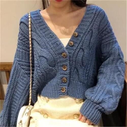 Women Sweater Spring Autumn V-Neck Long Sleeve Black Short Knitted Jacket Solid Simple Warm Cardigan Femme Plus Size jumper