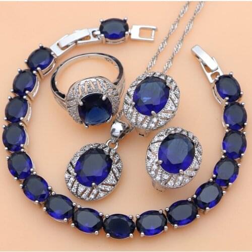 Blue Sapphire 925 Silver Jewelry Sets Gemstone Hoop Earrings Women Wdding Fine Jewellry Necklace Set Dropshipping