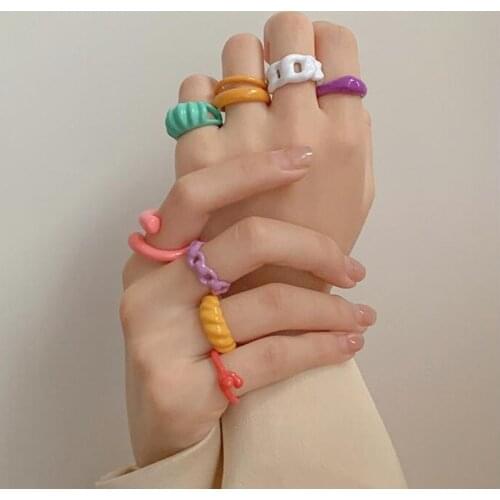 2021 Trendy Dripping Oil Geometric Hand-painted Candy Color Chain Rings for Women Multicolor Irregular Open Rings Jewelry Gift
