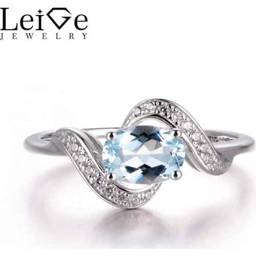 LeiGe Jewelry Natural Aquamarine Wedding Rings March Birthstone Oval Cut Blue Stone Rings Real 925 Sterling Silver Fine Jewelry