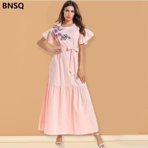Loose Casual Ethnic Dress Bandage Flared sleeves Plus Size Maxi Dress for Women Pink Summer 2021 Arabic Muslim Islamic Clothes