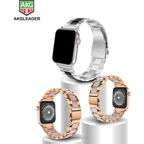 AKGLEADER For Apple Watch 5 4 42mm 44mm Metal Stainless Steel + Resin Watchband iWatch 3 2 1 38mm 40mm For Apple Series Strap