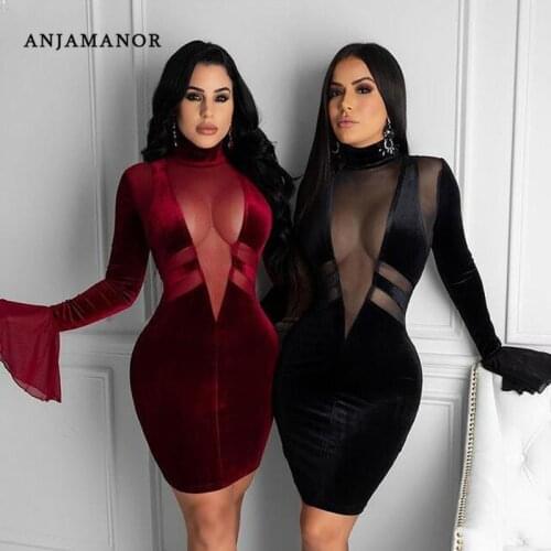 ANJAMANOR Sexy Long Sleeve Mini Dresses for Women Party Club Birthday Outfits Mesh Velvet See Through Bodyocn Dress D36-CF33