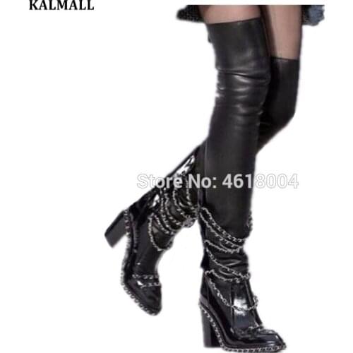 KALMALL Motorcycle Chained Boots Women Platform Block High Heels Patent Leather Ankle Bootie Fall Winter Thigh High Boots Runway