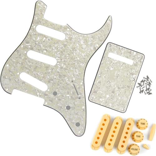 FLEOR Set of ST Pickguard SSS 11 Hole Guitar Scratch Plate Back Plate 4Ply & 52mm Single Coil Pickup Covers 2T1V Knobs Tips