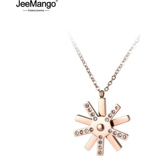 JeeMango CZ Crystal Double Rotating Snowflake Chokers Necklaces For Women Rose Gold Stainless Steel Pendant Jewelry JN19028