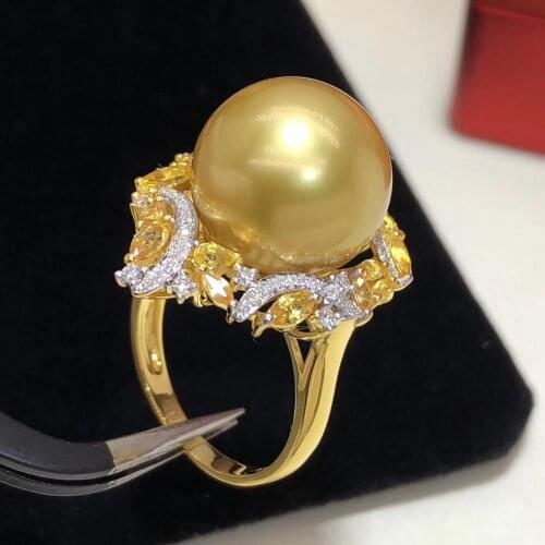 Fine Jewelry 18K Yellow Gold Natural Ocean Golden Peals 13-14mm Rings for Women Fine Pearls Rings