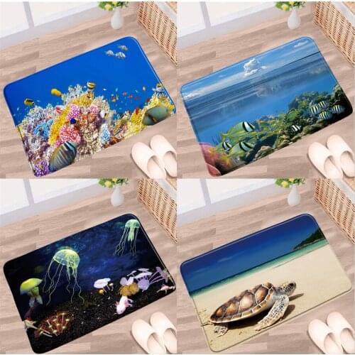 Ocean Animal Bathroom Mat Fish Jellyfish Turtle Blue Sea Landscape Childrens Bedroom Non-Slip Rug Kitchen Entrance Aisle Carpet