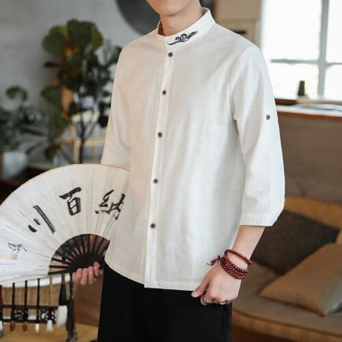 MrGB Chinese Style Summer Embroidery Men Shirt Cotton Linen Casual Loose Male Shirts Big Size Solid Color Three Quarter Sleeve