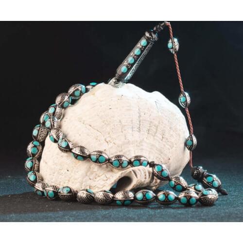 Kuka Rosary Men Barley Cut Rosary With Silver Turquoise Gemstone Embroissed Arabic Tasbih Bead Tassel Made in Turkey