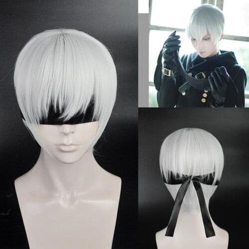 NieR:Automata 9S YoRHa No.9 Model S Wistalia Short Silver Grey Heat Resistant Cosplay Costume Wig +Eye patch + wig cap