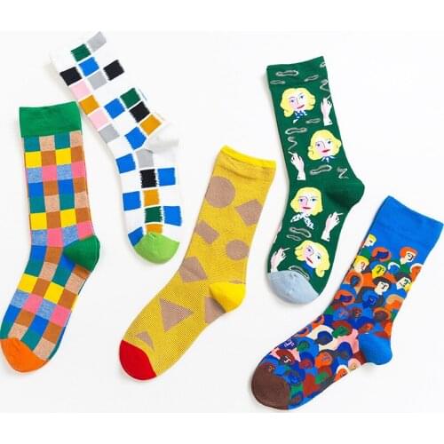 New Cotton Funny Couple Socks Harajuku Creative Plaid Heads Cartoon Socks Women Men Casual Midi-Tube Happy Socks Calcetines