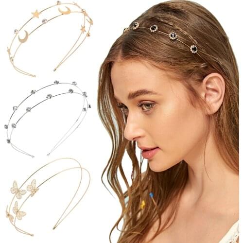 Fashion Thin Metal Pearls Crystal Hairband Double/Three Layers Headband Shiny Hair Accessories For Women Sweet Girls Hair Hoop