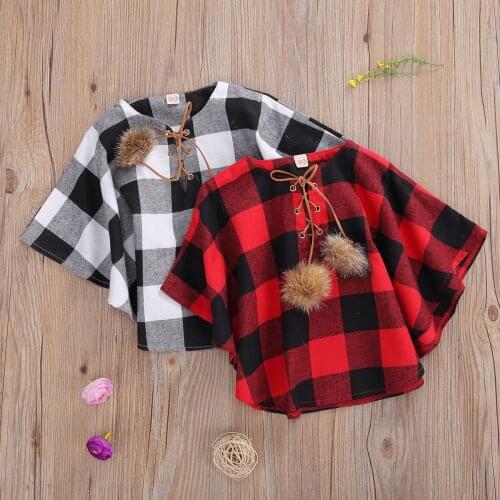 Autumn Baby Girl Cloak Jacket Plaid Print Pullover Fur Ball Strap Decoration Adjustable Loose Christmas Party Outfits
