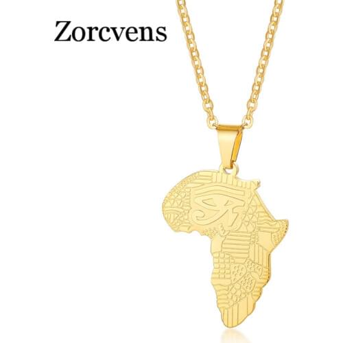 Modyle Men African Map with Horus Eye Necklace Gold Color Stainless Steel Pendant Hip-hop Gift for Male Boy Ethiopian Jewelry