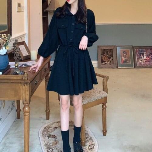 HOUZHOU Black Long Sleeve Dress Women Korean Preppy Style Spring Autumn Short Dresses Loose Casual Bandage Robe Streetwear