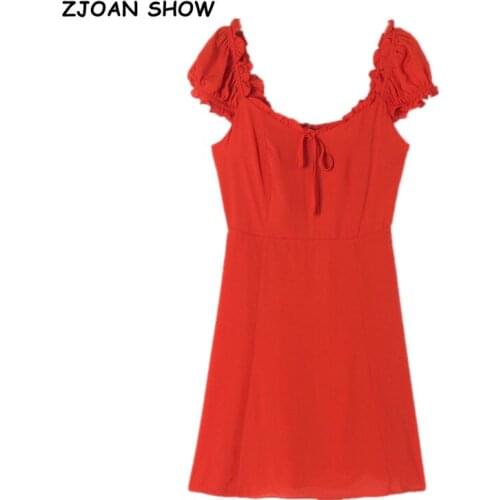 2021 Summer French Plain Red Color Mini Dress Short Sleeve Tie Bow Wood ear Collar Elastic Ruched Back A-lined Holiday Robe