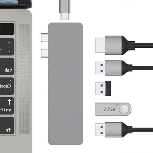 Pohiks 6-in-1 Dual Type-C Hub Portable Converter Splitter for MacBook Pro/Air 4K HDMI-compatible/USB 3.0/PD/USB-C Adapter