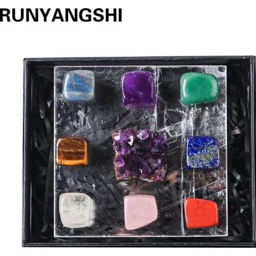 Natural Crystal Gem Reiky 7 Chakra Healing Stone Crystal recuperation square white selenite base gifts box