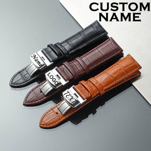 Personalized Watchband Customized Engrave with Your Name Logo Text On Clasp Genuine Leather Strap 14 16 18 20 22 24mm Watch Band