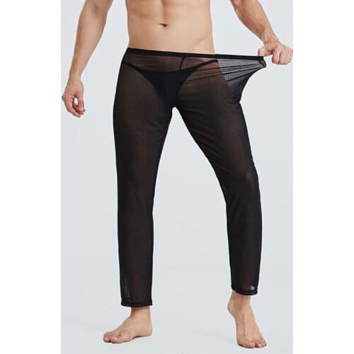 Sexy Mens Sheer Mesh Long Johns Pants Transparent Thin Pajamas Trousers Breathable Underwear Nightwear Fetish Leggings Sleepwear