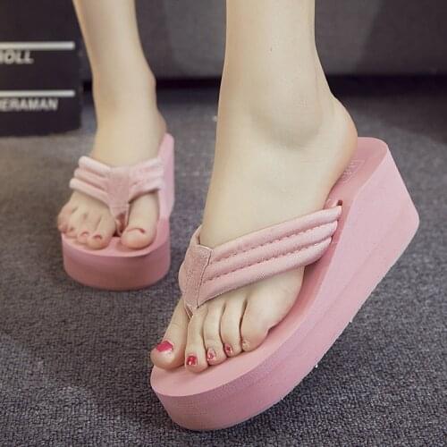 Summer Thick-Soled Handmade Flip Flops Female Solid Color Simple Sandals And Slippers Student Non-Slip High Heels Beach Shoes