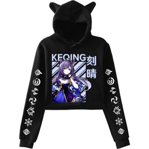 Genshin Impact Hoodies Women Kawaii Crop Tops Fashion Black Hooded Cat Ear Sweatshirts Casual Spring Autumn Girls Pullovers