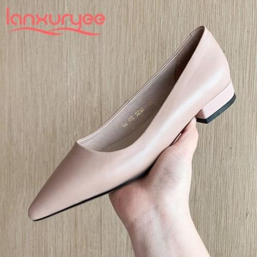 Lanxuryee European style spring shoes handmade genuine leather pointed toe low heel elegant ladies dating basic women pumps L32