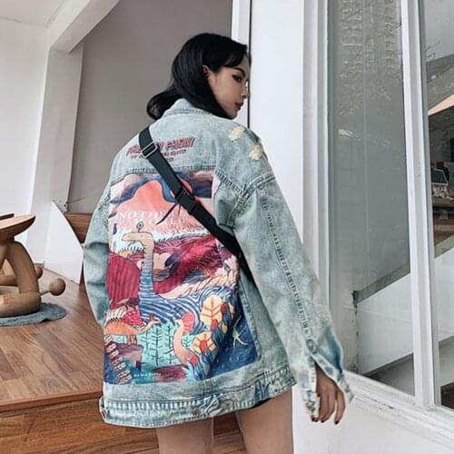 Fashion cool women jackets New Funny Cartoon Stickers patch Denim Jacket Punk Style Streetwear blue Jean Jacket casaco feminino