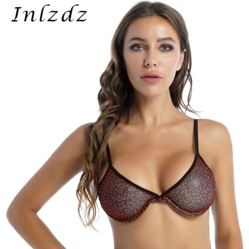 Womens Lingerie See Through Bra Top Mesh Unlined Underwire Brad Ajustable Shoulder Straps Leopard Print Bikini Top Underwear