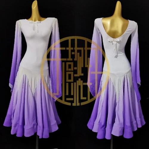 Costume ballroom dance tango dance dresses women standard Performance white Floral long sleeveGradient colour Party Dress