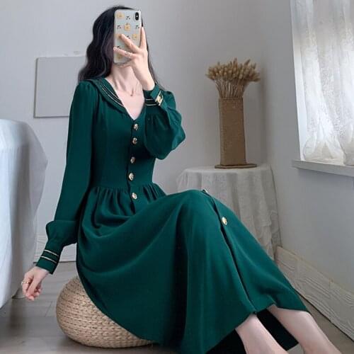 Women Summer Dresses French Vintage Style Sailor Collar Temperament Party Dark Green Classic Long Sleeve Chiffon Dress
