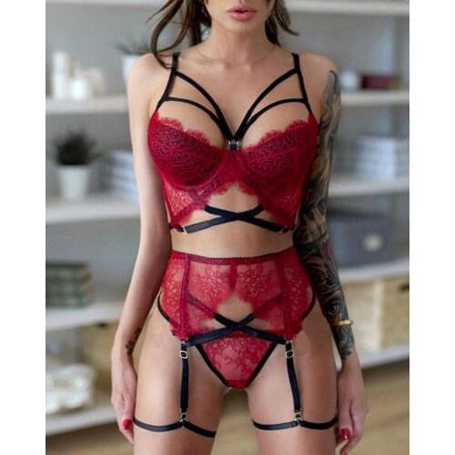 2020 Women Spaghetti Strap Patchwork Sexy Chic Eyelash Lace Bandage Garter Lingerie Set