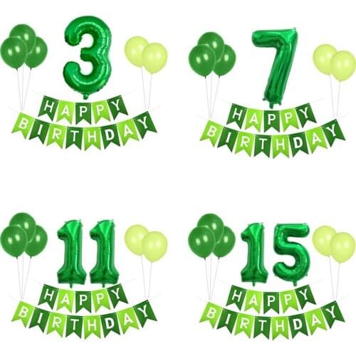 Happy Birthday Banner With Green 32 Inch Number Balloons 10 Inches Latex Balloon Set Baby Shower Kids Adult Party Decor Supplies