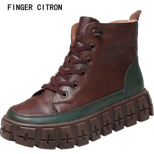 Finger Citron Women Classic Anckle Boot Genuine Cow Leather Mixed Color Round Toe Rubber Outsole Anti-Skid By Handmade Size35-41